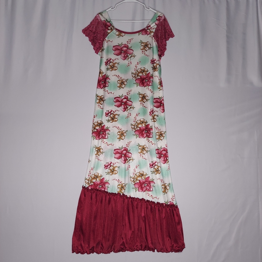 Vtg Maxi Dress Medium Tropical Satin A-Line Ruffle Mint Red Short Lace Sleeve